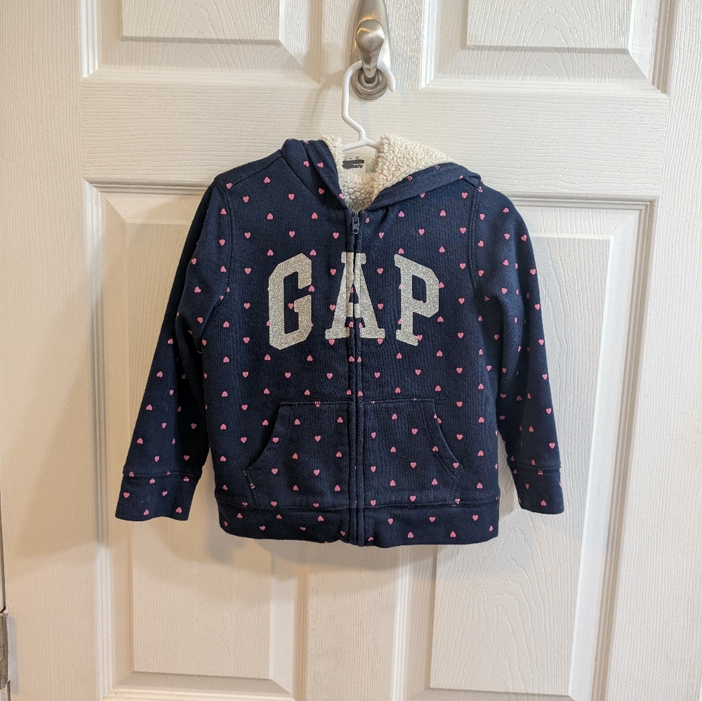GAP Dark Blue Hoodie with Pink Heart Pattern‎ Sherpa lined - 4 Yr Old